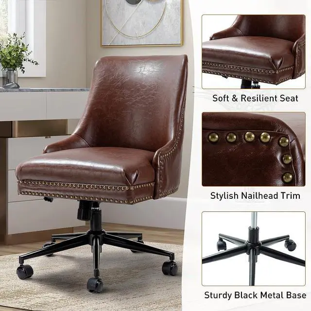 Alt view image 3 of 7 - Faux Leather Home Office Chair with Black Metal Base and Nailhead, Modern Comfy Ergonomic Desk Chair with Adjustable Height/Tilt, 360-Degree Swivel, Armless Cute Decoration Vanity Chair, Brown
