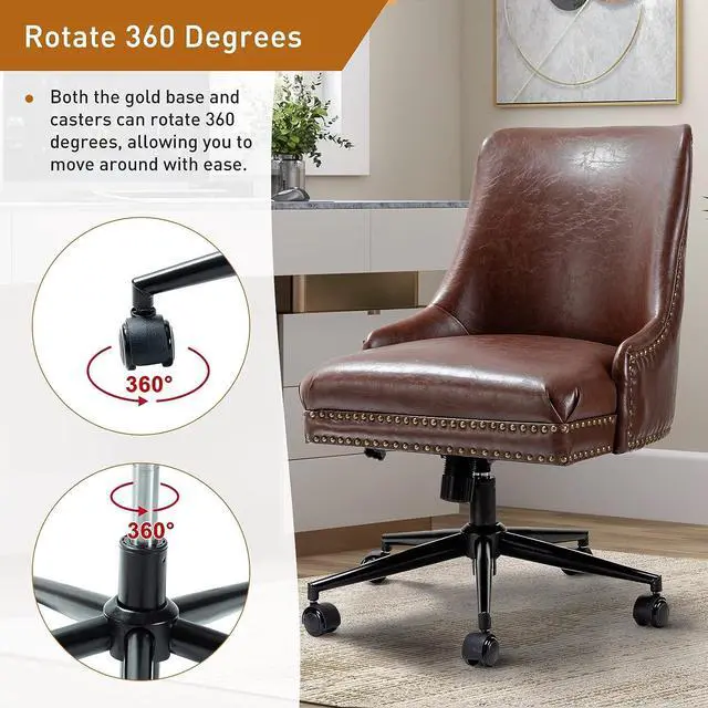 Alt view image 4 of 7 - Faux Leather Home Office Chair with Black Metal Base and Nailhead, Modern Comfy Ergonomic Desk Chair with Adjustable Height/Tilt, 360-Degree Swivel, Armless Cute Decoration Vanity Chair, Brown