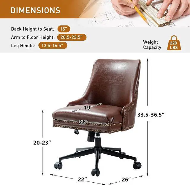 Alt view image 5 of 7 - Faux Leather Home Office Chair with Black Metal Base and Nailhead, Modern Comfy Ergonomic Desk Chair with Adjustable Height/Tilt, 360-Degree Swivel, Armless Cute Decoration Vanity Chair, Brown