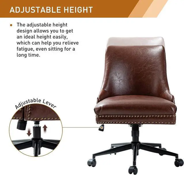 Alt view image 6 of 7 - Faux Leather Home Office Chair with Black Metal Base and Nailhead, Modern Comfy Ergonomic Desk Chair with Adjustable Height/Tilt, 360-Degree Swivel, Armless Cute Decoration Vanity Chair, Brown