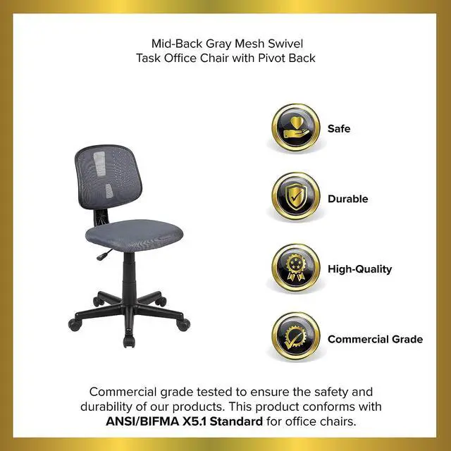 Alt view image 3 of 7 - EMMA + OLIVER Mid-Back Gray Mesh Swivel Task Office Chair with Pivot Back, BIFMA Certified