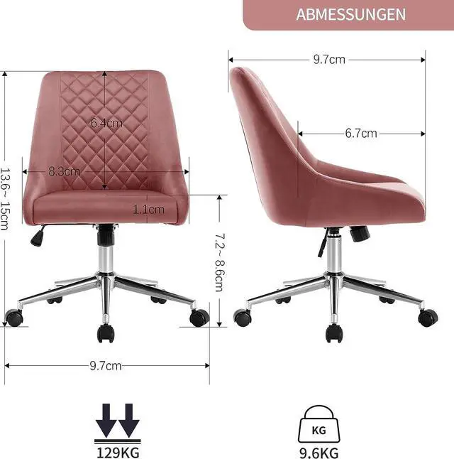 Alt view image 3 of 7 - Duhome Velvet Home Office Chair with Wheels, Swivel Accent Chair with Backrest Adjustable Upholstered Armless Computer Desk Chair for Bedroom Living Room, Pink