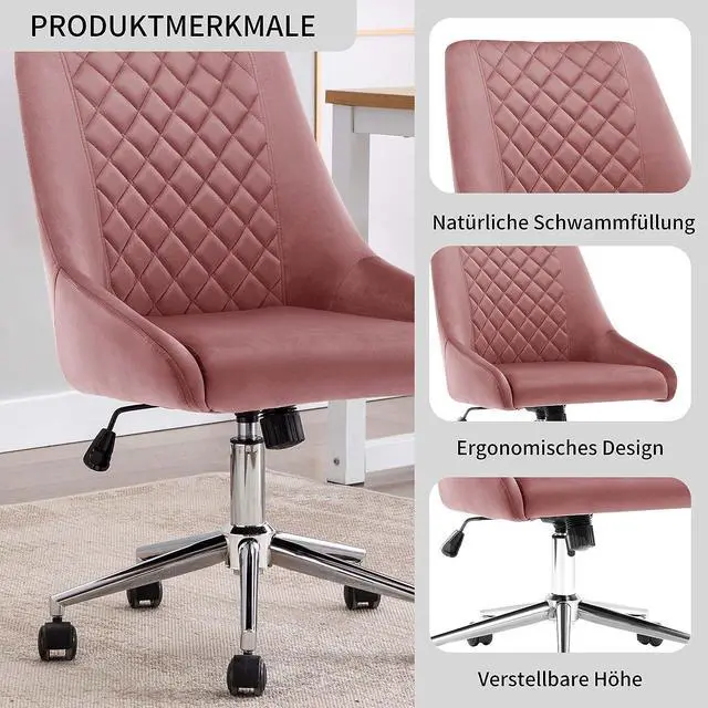 Alt view image 4 of 7 - Duhome Velvet Home Office Chair with Wheels, Swivel Accent Chair with Backrest Adjustable Upholstered Armless Computer Desk Chair for Bedroom Living Room, Pink
