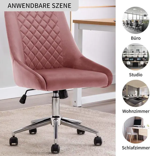 Alt view image 5 of 7 - Duhome Velvet Home Office Chair with Wheels, Swivel Accent Chair with Backrest Adjustable Upholstered Armless Computer Desk Chair for Bedroom Living Room, Pink