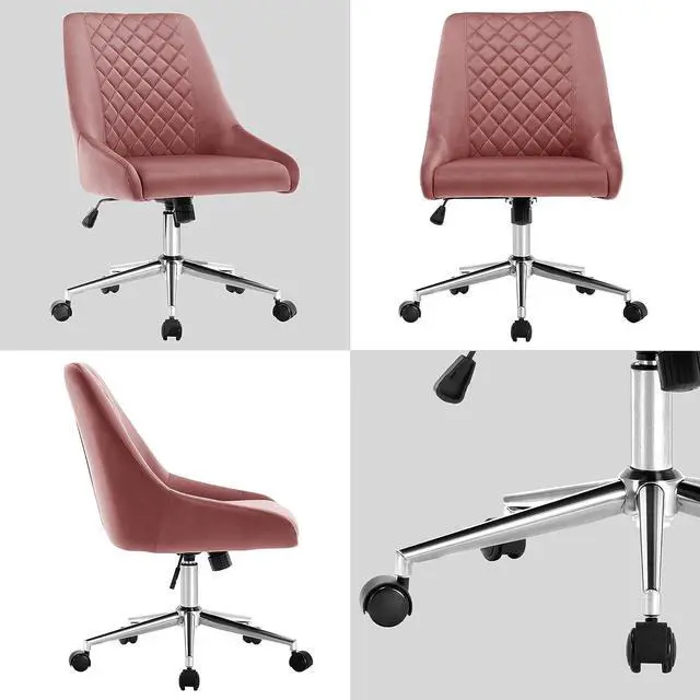 Alt view image 6 of 7 - Duhome Velvet Home Office Chair with Wheels, Swivel Accent Chair with Backrest Adjustable Upholstered Armless Computer Desk Chair for Bedroom Living Room, Pink