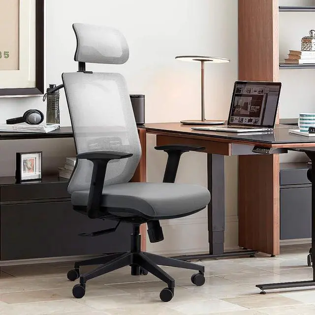 Alt view image 2 of 7 - Furmax Ergonomic Office Chair, High Back Desk Chair with Adjustable Headrest, Lumbar Support and Armrests, Mesh Computer Chair with Clothes Hanger (Gray)