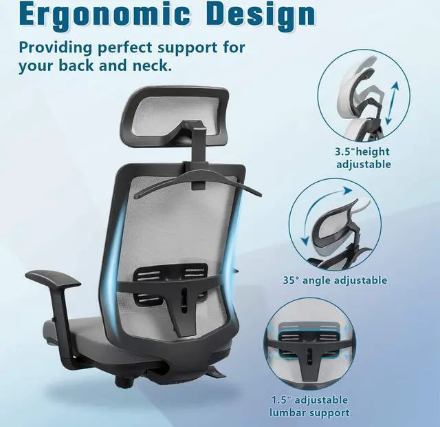 Alt view image 3 of 7 - Furmax Ergonomic Office Chair, High Back Desk Chair with Adjustable Headrest, Lumbar Support and Armrests, Mesh Computer Chair with Clothes Hanger (Gray)