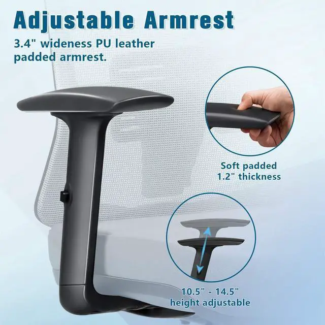 Alt view image 4 of 7 - Furmax Ergonomic Office Chair, High Back Desk Chair with Adjustable Headrest, Lumbar Support and Armrests, Mesh Computer Chair with Clothes Hanger (Gray)