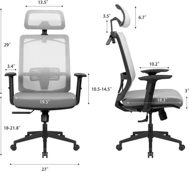 Alt view image 7 of 7 - Furmax Ergonomic Office Chair, High Back Desk Chair with Adjustable Headrest, Lumbar Support and Armrests, Mesh Computer Chair with Clothes Hanger (Gray)