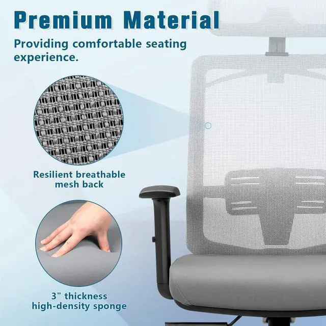 Alt view image 5 of 7 - Furmax Ergonomic Office Chair, High Back Desk Chair with Adjustable Headrest, Lumbar Support and Armrests, Mesh Computer Chair with Clothes Hanger (Gray)