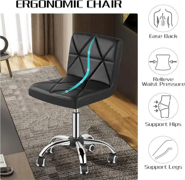 Alt view image 5 of 7 - Armless Desk Chair, Mid Back 360 Degree Swivel Office Chair, Height Adjustable Executive Conference Task Chair with Rolling Wheels and Diamond Pattern, for Home Computer Barber, Black