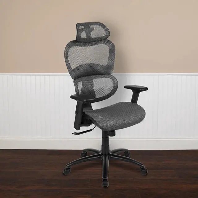 Alt view image 3 of 7 - Flash Furniture LO Ergonomic Mesh Office Chair with 2-to-1 Synchro-Tilt, Adjustable Headrest, Lumbar Support, and Adjustable Pivot Arms in Gray