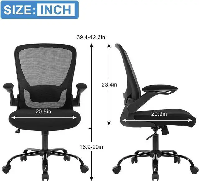 Alt view image 3 of 7 - Home Office Chair, Ergonomic Desk Chair with Adjustable Lumbar Support & Flip-up Armrests, Mesh Computer Chair with Thickened Cushion, Swivel Executive Chair for Adults, Black