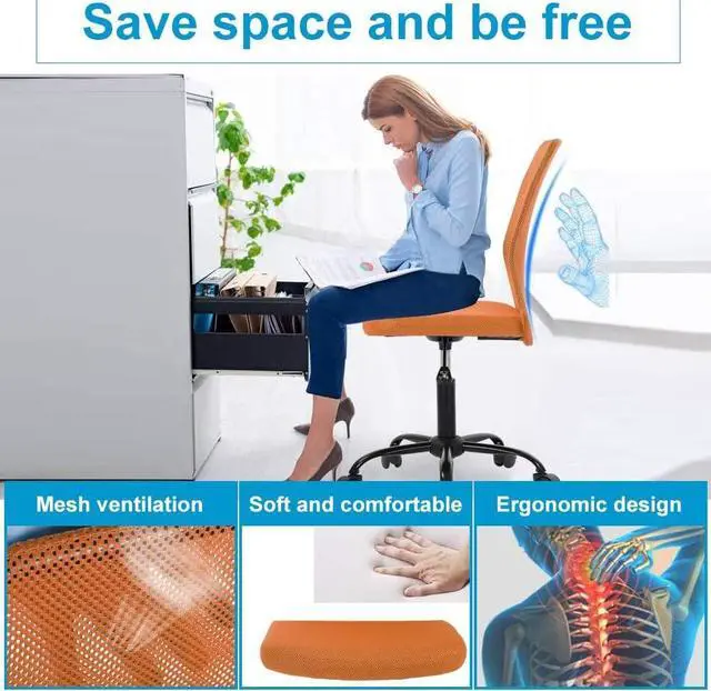 Alt view image 3 of 7 - Home Office Chair Computer Chair Mid Back Mesh Chair, Desk Chair Height Adjustable Small Task Chair No Armrest Cheap Rolling Swivel Chair Student Office Chair with Wheels, Orange