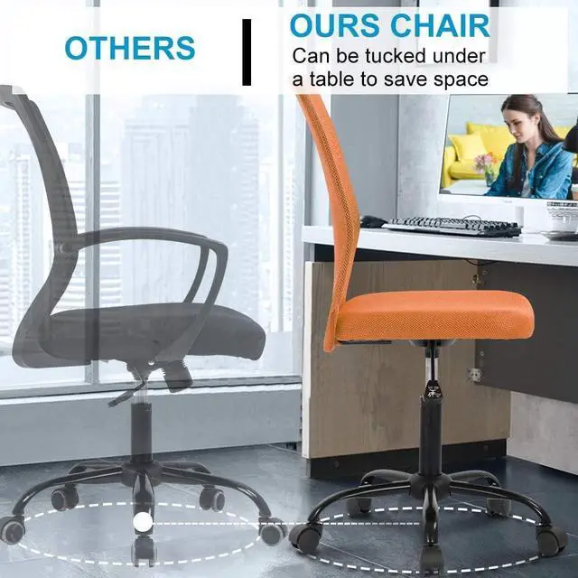 Alt view image 4 of 7 - Home Office Chair Computer Chair Mid Back Mesh Chair, Desk Chair Height Adjustable Small Task Chair No Armrest Cheap Rolling Swivel Chair Student Office Chair with Wheels, Orange