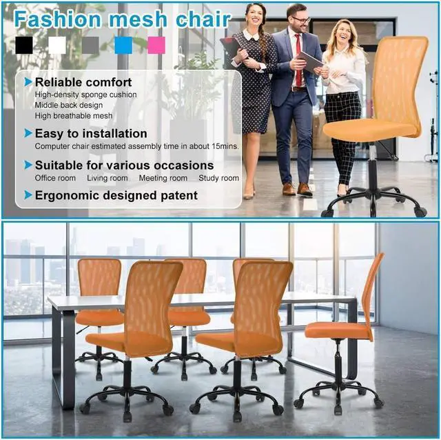Alt view image 6 of 7 - Home Office Chair Computer Chair Mid Back Mesh Chair, Desk Chair Height Adjustable Small Task Chair No Armrest Cheap Rolling Swivel Chair Student Office Chair with Wheels, Orange