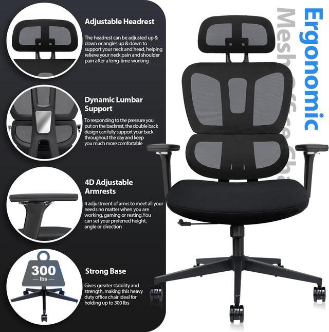 Ergonomic Office Chair, Comfortable High Back Mesh Computer Chair Rolling  Desk Chair - 4D Adjustable Armrest, Adjustable Headrest, Dynamic Lumbar  Support, Ergonomic Chair for Home Office Work, Black 