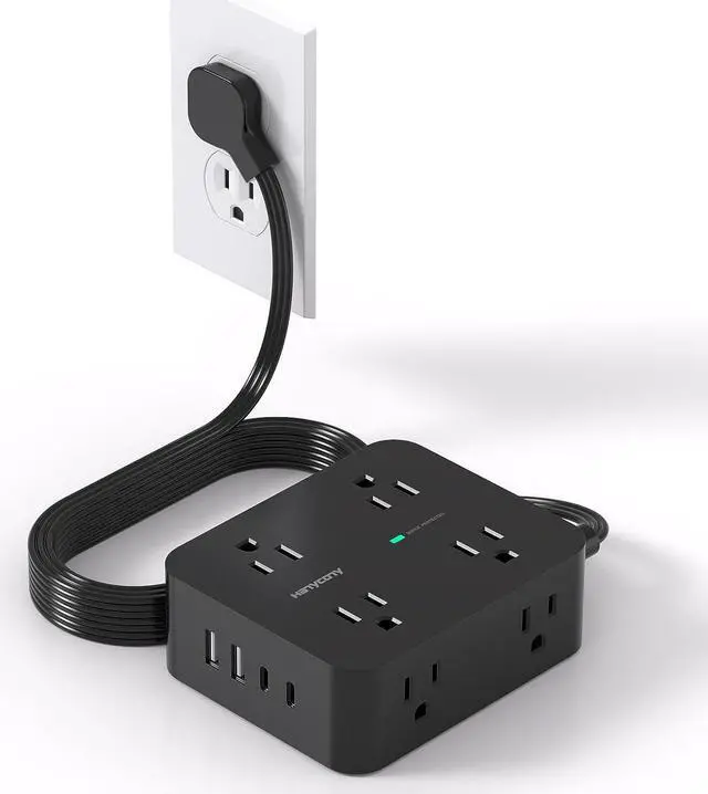 Main image of Power Strip Surge Protector, 5Ft Ultra Thin Flat Plug Extension Cord with Multiple Outlets, 8 Widely Outlet Extender with 4 USB Ports(2 USB C), 1080J Wall Mount for College Dorm Room Essentials Black
