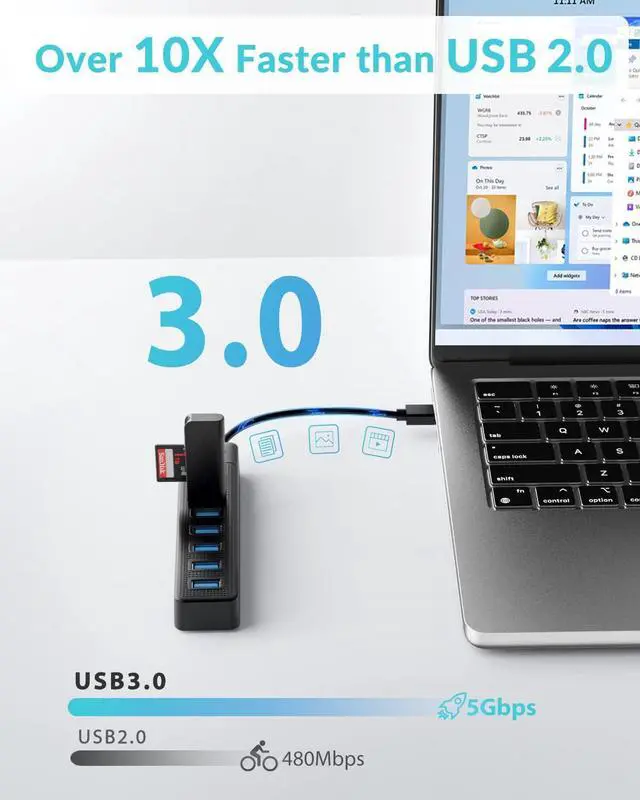 Alt view image 3 of 7 - 7-Port USB 3.0 Hub with USB C Power Port, PHIXERO USB Hub 3.0 Multi USB Port Hub, Portable USB Multiport Adapter, Compatible with All USB 3.0/2.0/1.1 Port Device
