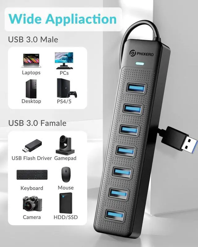 Alt view image 7 of 7 - 7-Port USB 3.0 Hub with USB C Power Port, PHIXERO USB Hub 3.0 Multi USB Port Hub, Portable USB Multiport Adapter, Compatible with All USB 3.0/2.0/1.1 Port Device