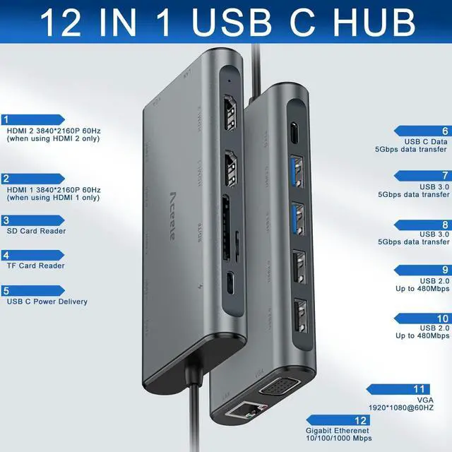 Alt view image 2 of 7 - Aceele USB C Docking Station Dual Monitor, 12 in 1 USB-C Laptop Docking Station Triple Display Type C Hub Adapter with 2HDMI VGA PD Ethernet SD/TF Card Reader USB C Data 4*USB-A for MacBook