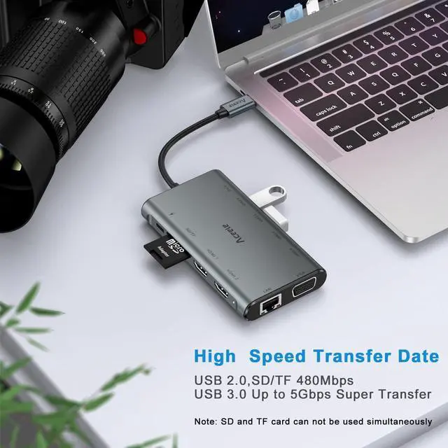 Alt view image 5 of 7 - Aceele USB C Docking Station Dual Monitor, 12 in 1 USB-C Laptop Docking Station Triple Display Type C Hub Adapter with 2HDMI VGA PD Ethernet SD/TF Card Reader USB C Data 4*USB-A for MacBook