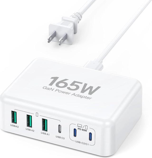 165W USB C Fast Charger, 6 Port Desktop PD GaN Fast Charger Charging  Station Block 65W