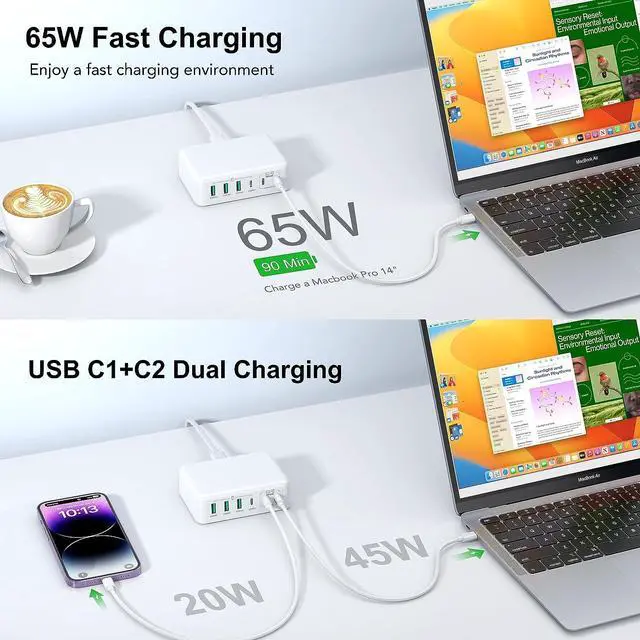 Alt view image 5 of 7 - 165W USB C Fast Charger, 6 Port Desktop PD GaN Fast Charger Charging Station Block 65W USB C Laptop Power Adapter Compatible with MacBook Pro/Air iPad Pro iPhone 14 13 12 Galaxy S23 Note 20 Pixel LG