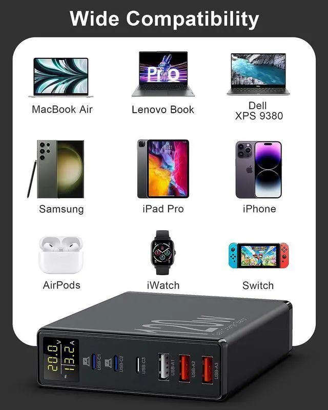 Alt view image 4 of 7 - USB Charging Station, Binamao 120W 6-Port USB C Charger for Multiple Devices, GaN USB Charging Hub with LCD Display, Multiport USB Charger Block for MacBook iPad iPhone Samsung Galaxy Android Laptop