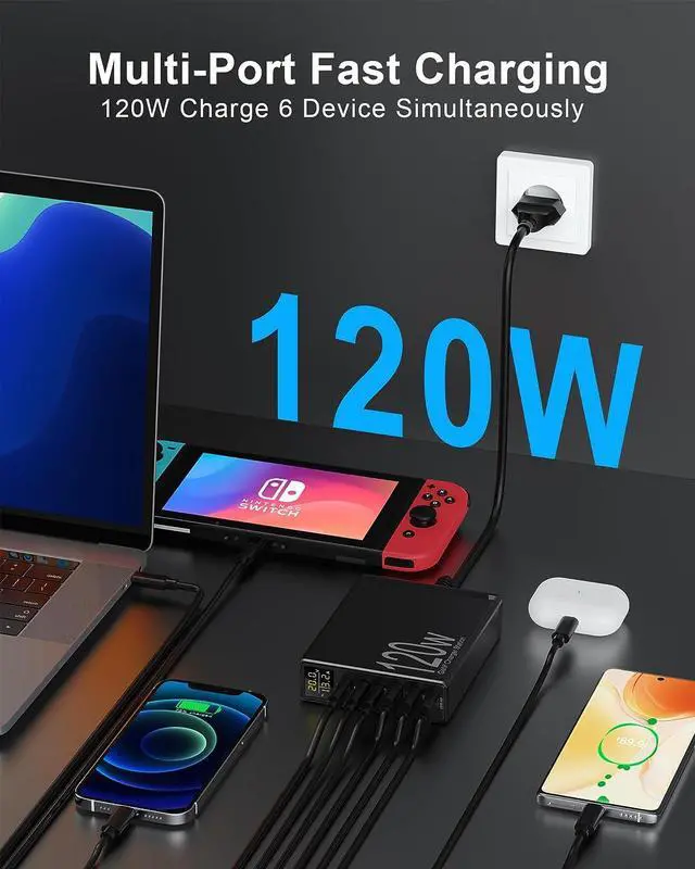 Alt view image 3 of 7 - USB Charging Station, Binamao 120W 6-Port USB C Charger for Multiple Devices, GaN USB Charging Hub with LCD Display, Multiport USB Charger Block for MacBook iPad iPhone Samsung Galaxy Android Laptop