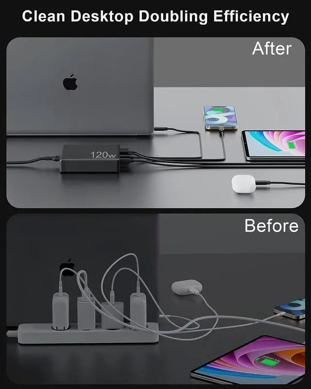 Alt view image 6 of 7 - USB Charging Station, Binamao 120W 6-Port USB C Charger for Multiple Devices, GaN USB Charging Hub with LCD Display, Multiport USB Charger Block for MacBook iPad iPhone Samsung Galaxy Android Laptop