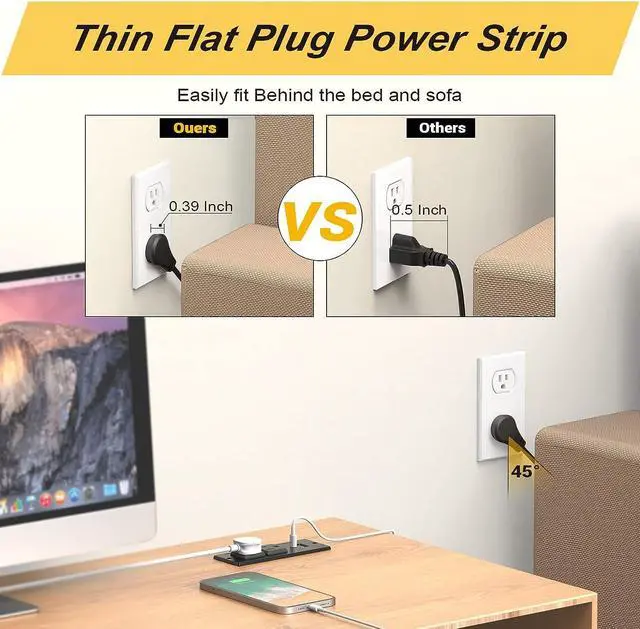 Alt view image 3 of 7 - Recessed Power Strip USB C PD 20W, Recessed Outlet with USB Ports, Flat Plug Desk Power Strip for Sofa Drawer Cabinet Nightstand, 6 FT Extension Cord Conference Table Power Hub