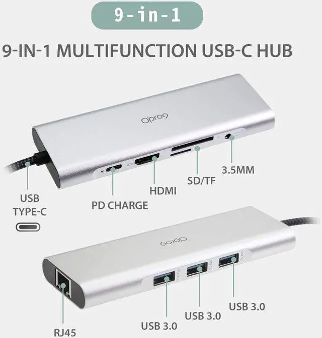 Main image of 9-in-1 USB C Hub Multiple Adapter, 3 USB 3.0 Ports up to 5Gbps Transfer, 4K@30Hz HDMI, 60W PD, SD/TF Card Reader, 3.5mm Audio Jack & Ethernet, USB-C Hub for MacBook and Other Type-C Devices