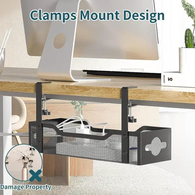 Alt view image 4 of 7 - Under Desk Cable Management Tray Black, Litwaro Cable Management Under Desk No Drill, Desk Cable Organizer with Clamp for Desk Cord Organizer, Desk Wire Management No Damage to Desk for Office, Home