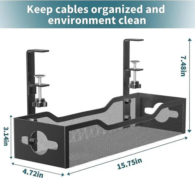 Alt view image 5 of 7 - Under Desk Cable Management Tray Black, Litwaro Cable Management Under Desk No Drill, Desk Cable Organizer with Clamp for Desk Cord Organizer, Desk Wire Management No Damage to Desk for Office, Home