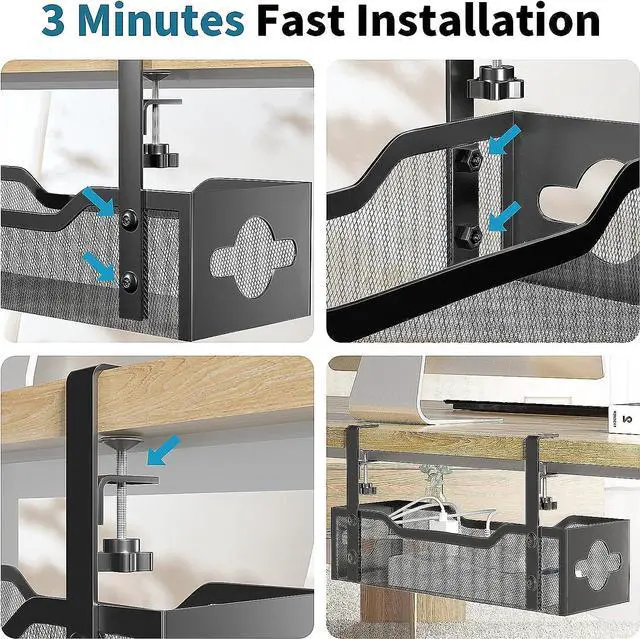 Alt view image 6 of 7 - Under Desk Cable Management Tray Black, Litwaro Cable Management Under Desk No Drill, Desk Cable Organizer with Clamp for Desk Cord Organizer, Desk Wire Management No Damage to Desk for Office, Home
