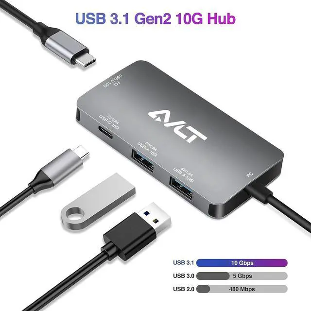 Alt view image 5 of 7 - AVLT 4-Port USB 3.1 Gen 2 Type C 10G Hub with 85W PD Charging - Portable Multiport Adapter  Fast Data Transfer and Charging for MacBook, Laptop, PC, iPad (Does NOT Support USB-C Monitor)