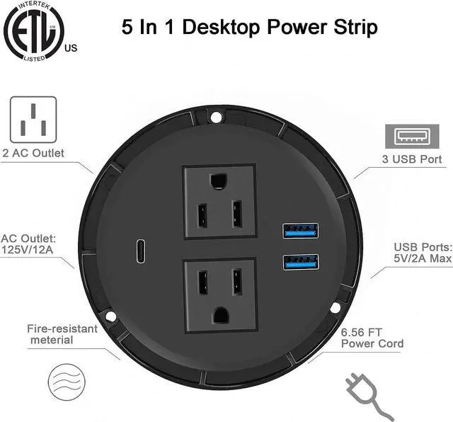 Alt view image 4 of 7 - Kungfuking Desktop Power Grommet with PD 20W USB C,Recessed Power Outlets with 2 AC Plugs and 3 USB Charging Ports,Hidden Power Strip for Office Kitchen Cabinet Conference Room
