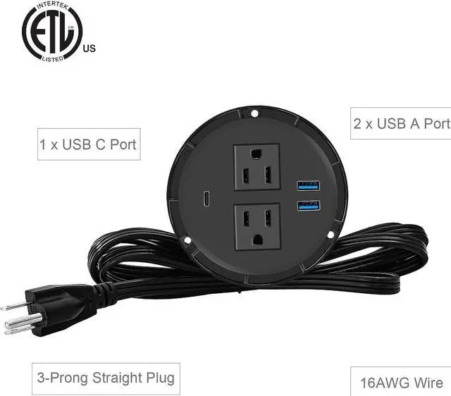 Alt view image 7 of 7 - Kungfuking Desktop Power Grommet with PD 20W USB C,Recessed Power Outlets with 2 AC Plugs and 3 USB Charging Ports,Hidden Power Strip for Office Kitchen Cabinet Conference Room