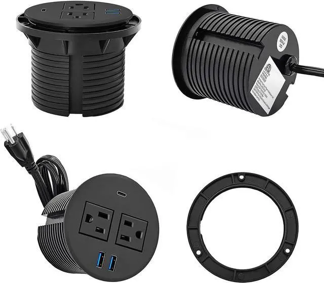Alt view image 6 of 7 - Kungfuking Desktop Power Grommet with PD 20W USB C,Recessed Power Outlets with 2 AC Plugs and 3 USB Charging Ports,Hidden Power Strip for Office Kitchen Cabinet Conference Room