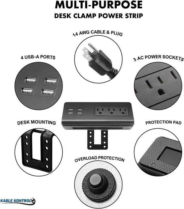 Alt view image 2 of 7 - Kable Kontrol Desk Clamp Power Strip with 4 USB Ports, Desk Edge Power Charging Station, 3 Power Outlets, Fast Charger, Easy Installation for Home, Offices, Hotels  4.9 Ft, Black