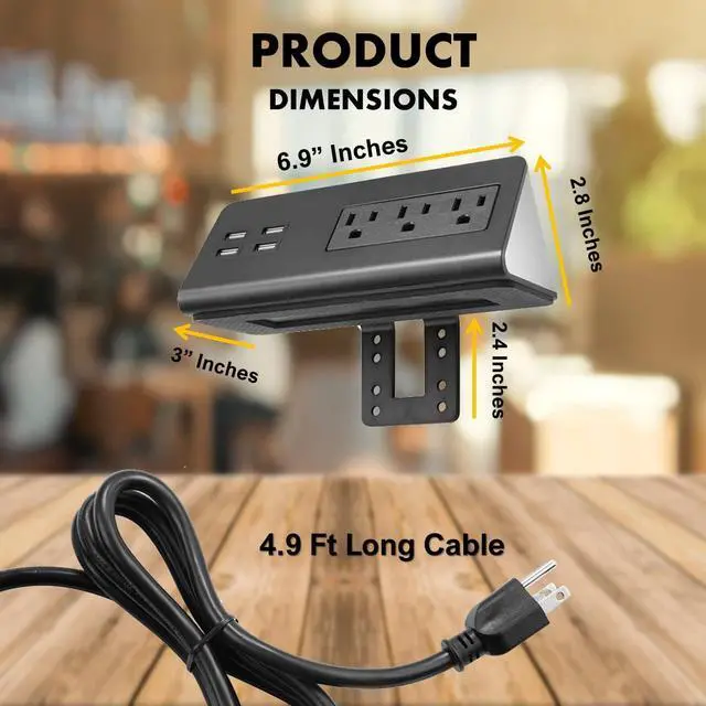 Alt view image 3 of 7 - Kable Kontrol Desk Clamp Power Strip with 4 USB Ports, Desk Edge Power Charging Station, 3 Power Outlets, Fast Charger, Easy Installation for Home, Offices, Hotels  4.9 Ft, Black