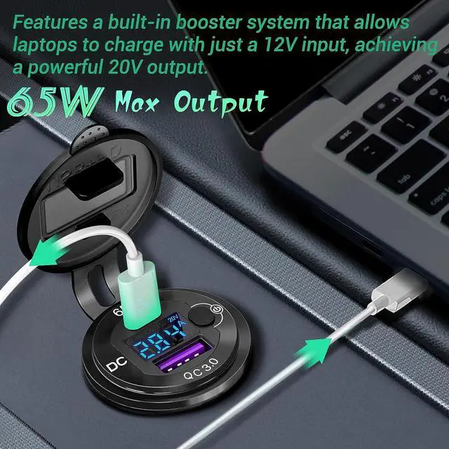 Alt view image 2 of 7 - 83W 12 Volt USB Outlet Built-in Boost USB C Laptop Car Charger: Ouffun 65W PD3.0 and 18W QC3.0 Car USB Port Aluminum Socket with Button Switch Smart Voltmeter, Suitable for Car RV Marine Golf Cart