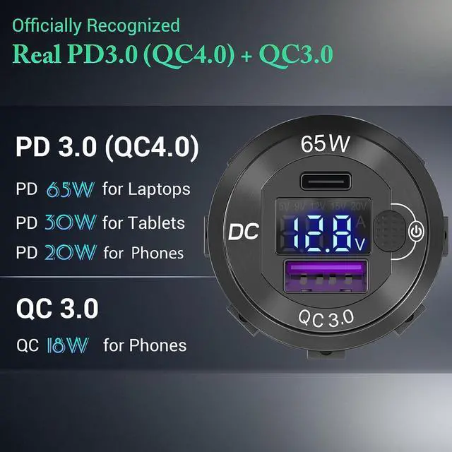 Alt view image 3 of 7 - 83W 12 Volt USB Outlet Built-in Boost USB C Laptop Car Charger: Ouffun 65W PD3.0 and 18W QC3.0 Car USB Port Aluminum Socket with Button Switch Smart Voltmeter, Suitable for Car RV Marine Golf Cart
