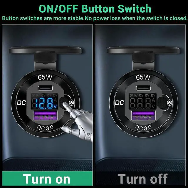 Alt view image 6 of 7 - 83W 12 Volt USB Outlet Built-in Boost USB C Laptop Car Charger: Ouffun 65W PD3.0 and 18W QC3.0 Car USB Port Aluminum Socket with Button Switch Smart Voltmeter, Suitable for Car RV Marine Golf Cart