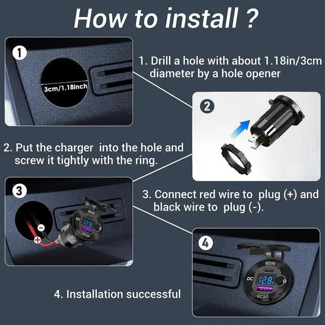 Alt view image 7 of 7 - 83W 12 Volt USB Outlet Built-in Boost USB C Laptop Car Charger: Ouffun 65W PD3.0 and 18W QC3.0 Car USB Port Aluminum Socket with Button Switch Smart Voltmeter, Suitable for Car RV Marine Golf Cart