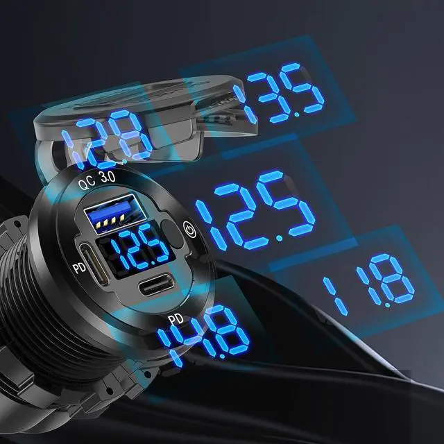 Alt view image 4 of 7 - 12V USB Car Socket Round USB C 12V Outlet, 3-Port Marine USB Fast Charger Waterproof Cigarette Outlet USB Replacement Aluminum with Switch & Voltmeter, Suitable for Boat Golf Cart RV Motorcycle Truck