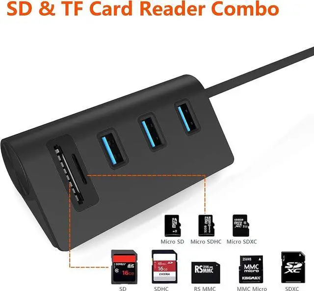 Alt view image 2 of 6 - USB 3.0 HUB, Bus-Powered USB 3.0 3-Port Aluminum Hub with 2-Slots Card Reader Combo for iMac, MacBook Air, MacBook Pro, MacBook, Mac Mini, PCs and Laptops, Black