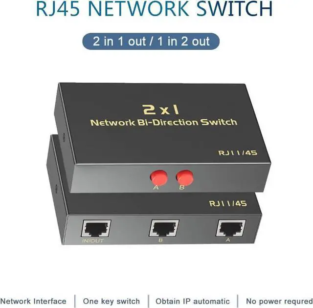 Alt view image 2 of 6 - RJ45 Network Switch Selector 2x1/1x2, 2 Port Network Hub 10/1000M Metal Housing