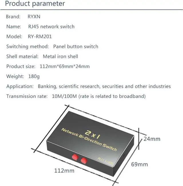 Alt view image 6 of 6 - RJ45 Network Switch Selector 2x1/1x2, 2 Port Network Hub 10/1000M Metal Housing